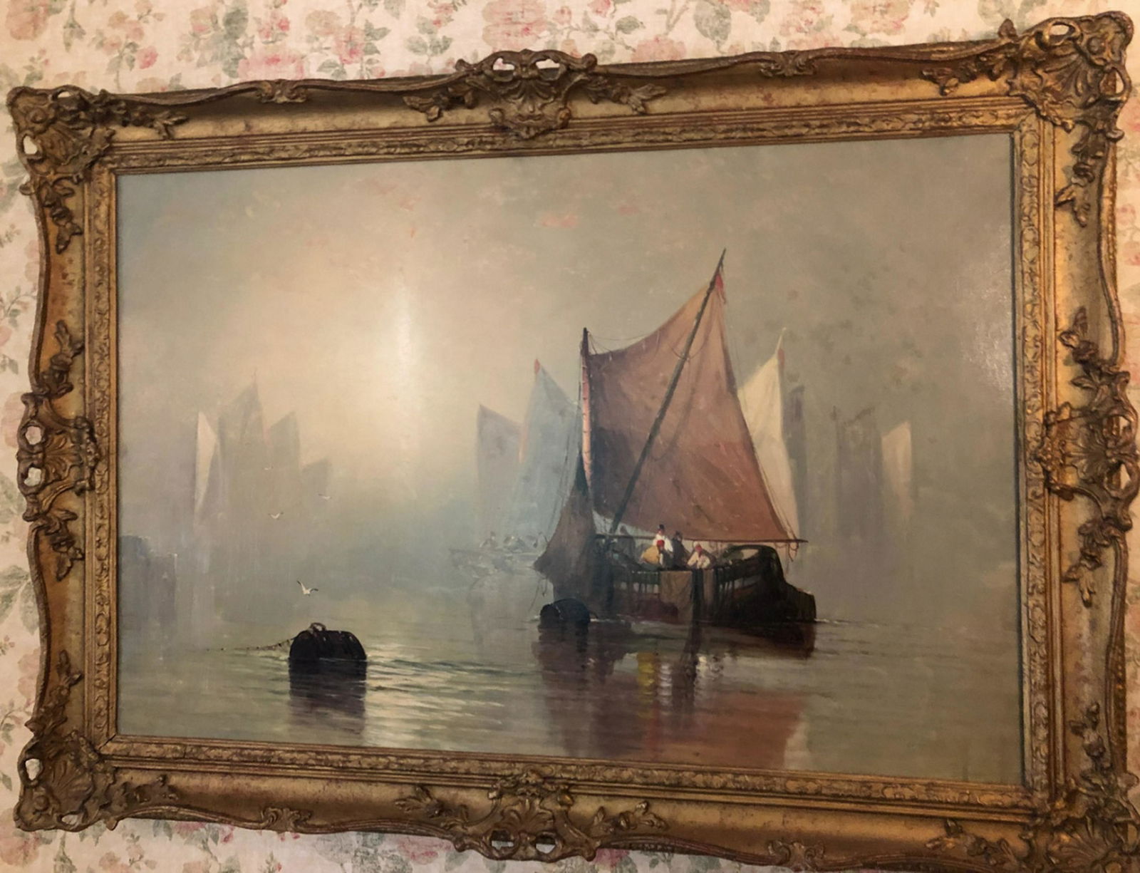 Signed Oil Painting of Ships at Sea: Signed Oil Painting of Ships at Sea. Oil painting depicting ships at sea surrounded by mist. Signed. Frame measures 30 inches x 42 inches.