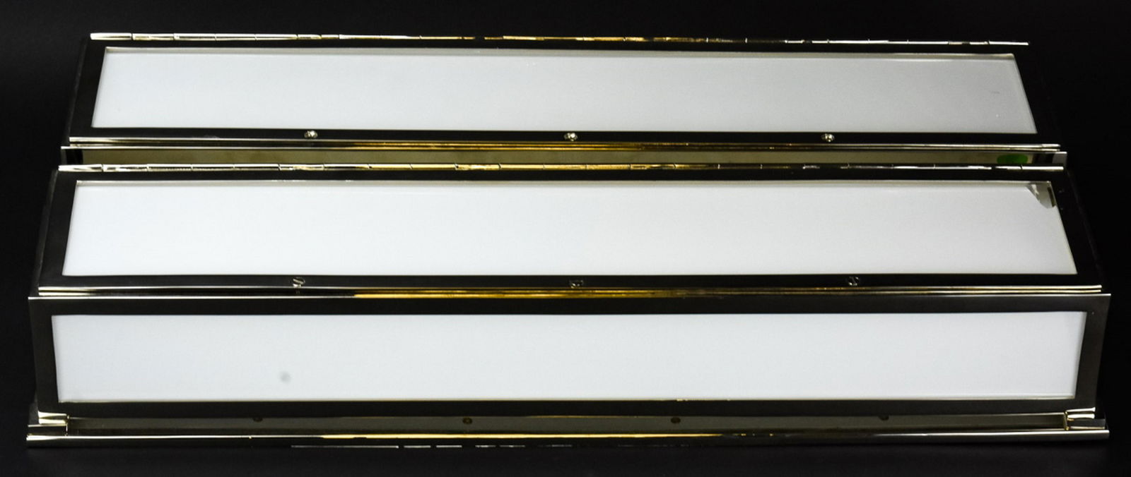 2 Visual Comfort O'Brien Mercer Box Light Fixtures: Pair of Visual Comfort O'Brien Mercer Box 3 Light Fixtures. Chrome and milk glass contemporary Thomas O'Brien 3 light per fixture long box flush mount lighting fixtures. 4 inches x 24 inches x 5.5 inc