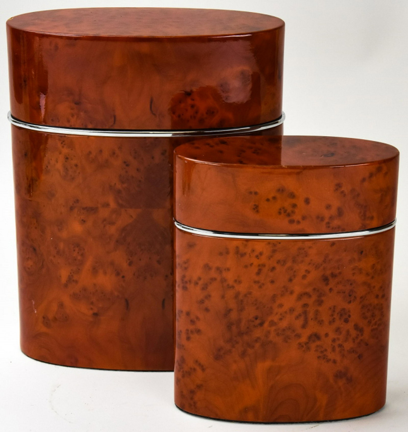 Pair Contemporary Burled Wood Oval Lacquer Boxes (1 of 7)