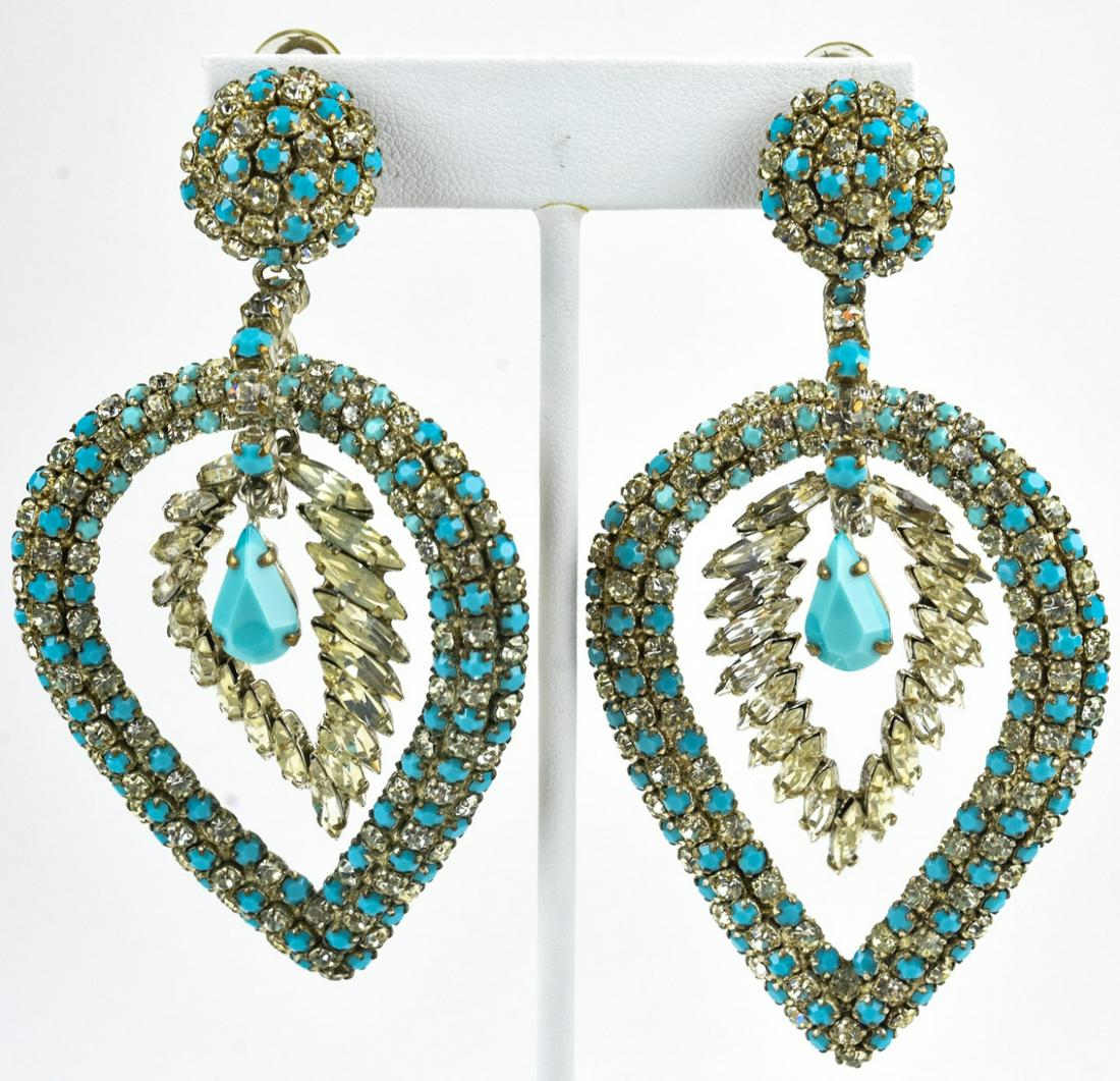 Roger Jean Pierre French Leaf Form Earrings: Roger Jean Pierre French Leaf Form Earrings. Large statement clip earrings with rhinestones and faux turquoise. 3.5 inches x 1.75 inches.