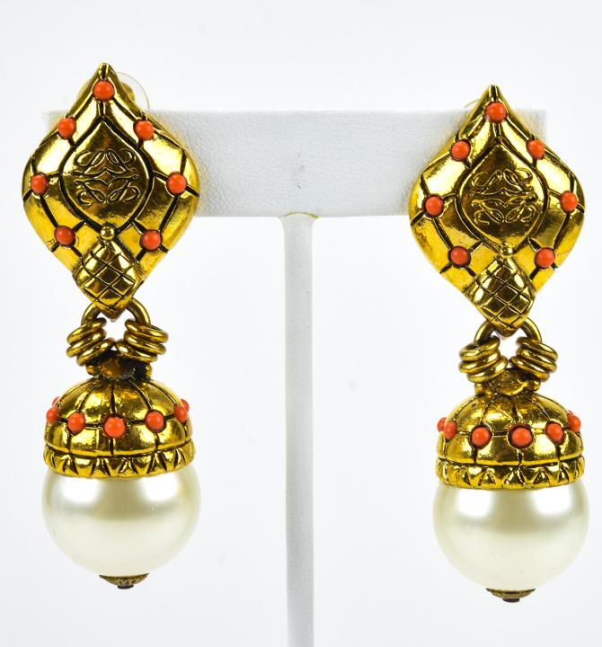Vintage Loewe Madrid Faux Pearl Earrings: Vintage Loewe Madrid Faux Pearl Earrings. Faux pearl and faux coral clip earrings. Each measures 2.75 inches in length.