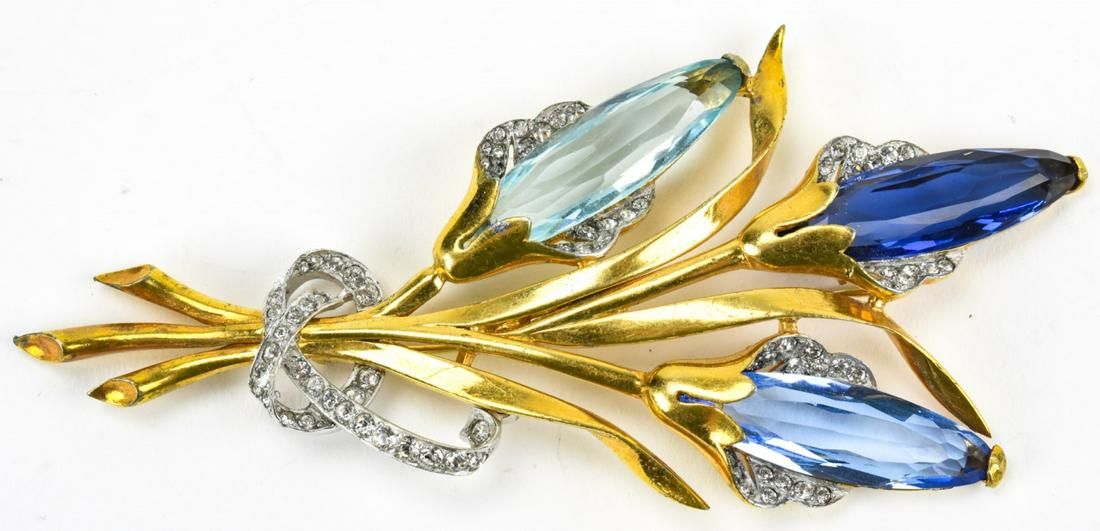 Large C 1940s Mazer Tulip Form Brooch: Large C 1940s Mazer Tulip Form Brooch. Gilt metal and rhinestone floral motif brooch. Signed. Measures 4.75 inches in length.