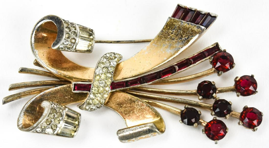 Vintage Sterling Silver & Rhinestone Mazer Brooch: Vintage Sterling Silver & Rhinestone Mazer Brooch. Ruby tone and clear rhinestones, 3 inches in width. C 1940s.