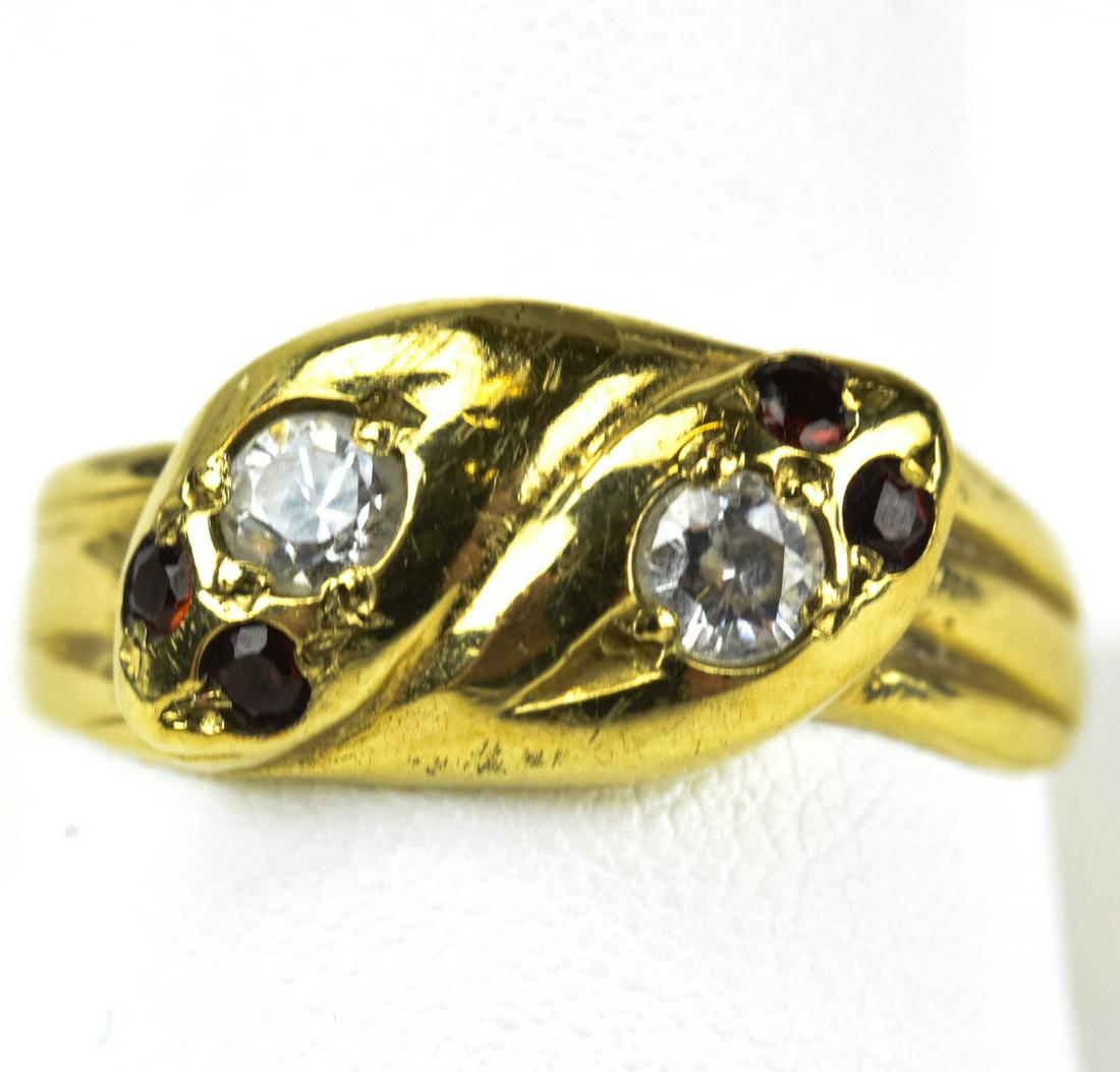 Estate English 9kt Yellow Gold Double Snake Ring: Estate English 9kt Yellow Gold Double Snake Ring w Garnet Eyes. Ring size 10.5 can be resized.