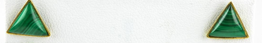 Estate 14k Yellow Malachite Triangle Form Earrings: Estate 14k Yellow Malachite Triangle Form Earrings. Each measures nearly 1/2 an inch in width.