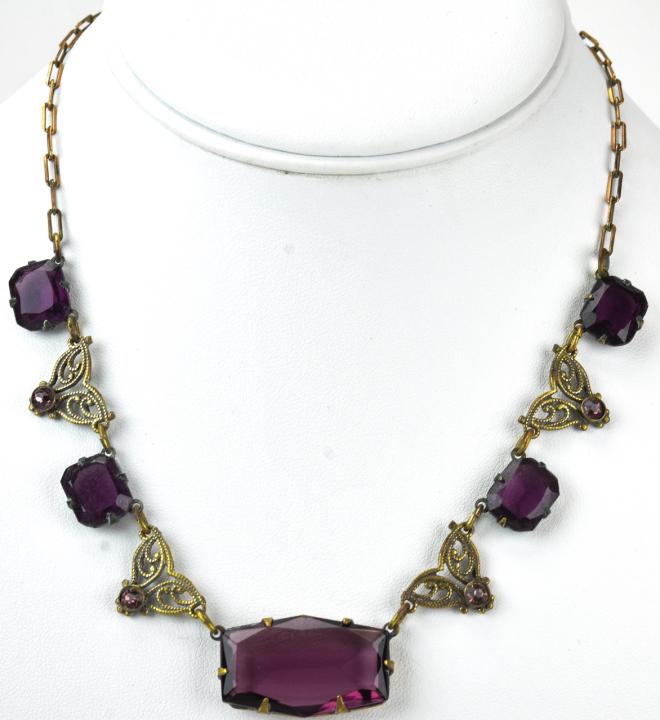 Antique Art Deco Amethyst Crystal Necklace: Antique Art Deco Amethyst Crystal Necklace. Measures 16.5 inches in length.