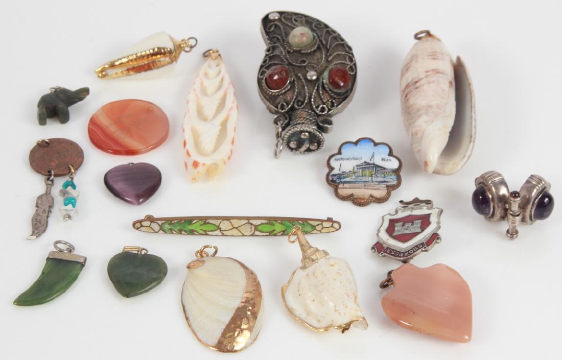 Antique & Vintage Jewelry Including Sterling w Box: Antique & Vintage Jewelry Including Sterling w Box. Sterling amethyst pendant, hardstone hearts, shell pendants, enamel pieces, perfume flask pendant etc.