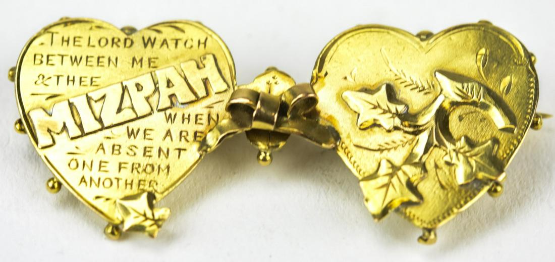 Antique English 9kt Gold Mizpah Heart Brooch: Antique English 9kt Gold Mizpah Heart Brooch. Inscribed on front "the lord watch between me & thee when we are absent from one another" measures just over 1.5 inches in width.