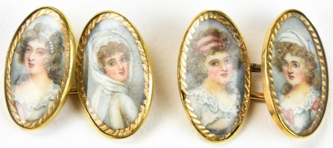 Antique Georgian Portrait Miniature Gold Cufflinks: Antique Georgian Portrait Miniature Gold Cufflinks. Four hand painted portrait miniatures of noble class women set in 14kt yellow gold. Each measures .75 of an inch in length.