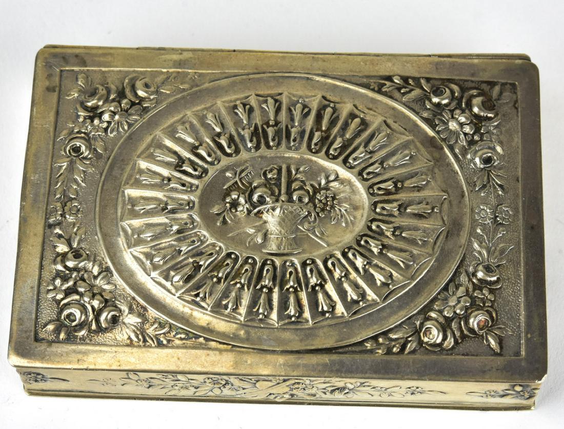 Antique 19th C 800 Silver Repousse Jewelry Box: Antique 19th C 800 Silver Repousse Jewelry Box. Hallmarked. Neo Classical design. Measures 3.5 x 2.5 inches.