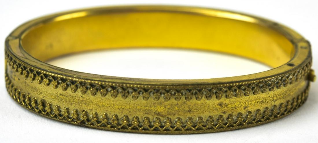 Antique 19th C Byzantine Revival Gold Bracelet: Antique 19th C Byzantine Revival Gold Bracelet. Hinged bangle bracelet, gold filled, measures 2.25 inches across the opening.