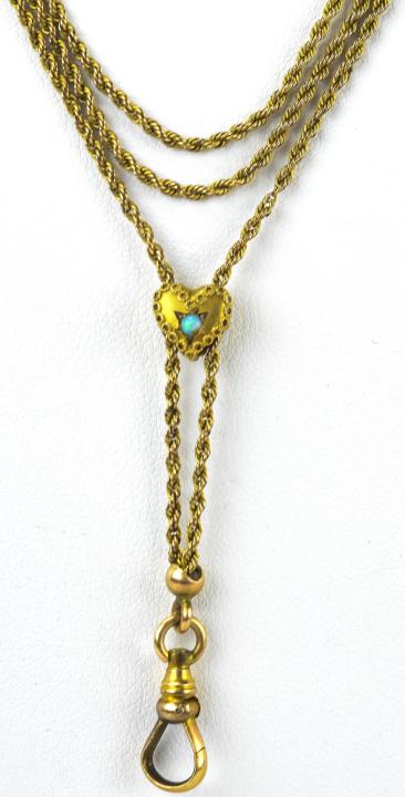 Antique 19th C Guard Chain Necklace w Slide: Antique 19th C Guard Chain Necklace w Slide. Heart form slide and clip to hang pendants / charms on. Measures 50 inches in length.