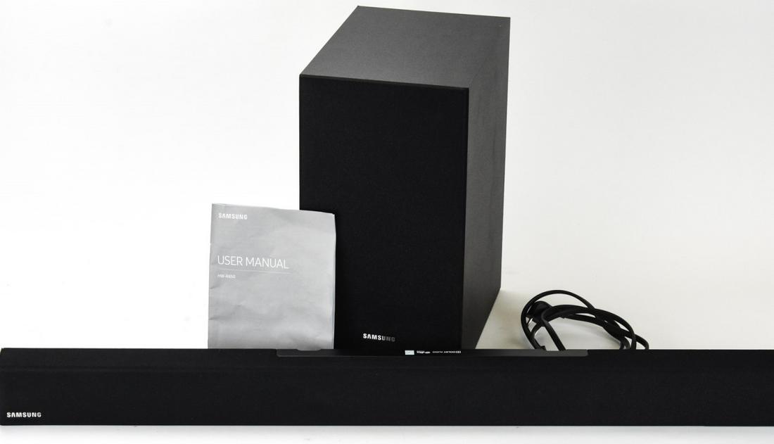 Samsung HW-R450 Soundbar & PS-WR45B Speaker: Samsung HW-R450 Soundbar & PS-WR45B Speaker. Sound bar measures 35.5 inches in length, speaker measures 13.5 inches x 7 inches x 10.5 inches.