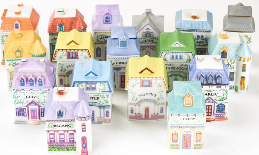 16 Lenox Porcelain Spice Village Kitchen Cannister: 16 Lenox Porcelain Spice Village Kitchen Cannisters. Figural village spice cannisters by Lenox. Each measures an average of 3 inches in height.