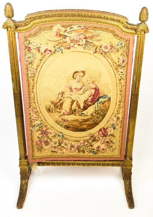 Louis XVI Style Giltwood Tapestry Fireplace Screen: Louis XVI Style Giltwood Tapestry Fireplace Screen. Late 19th century, with center figural Aubusson tapestry panel, on acanthus-clad bracket feet. 44.25 inches x 28 inches x 16.5 inches.