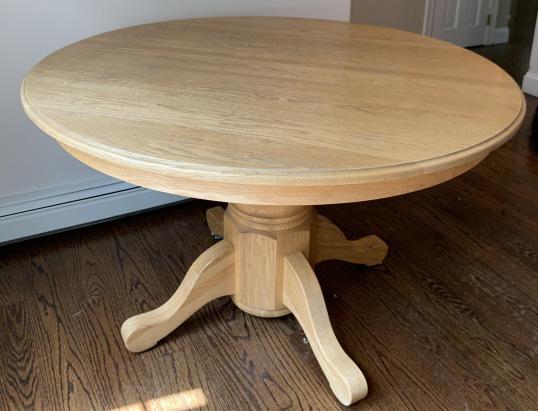 Country Style Pine Pedestal Round Dining Table: Country Style Pine Pedestal Round Dining Table. With two additional leaves. 30 inches x 48 inches without leaves, each additional leaf 12 inches wide.
