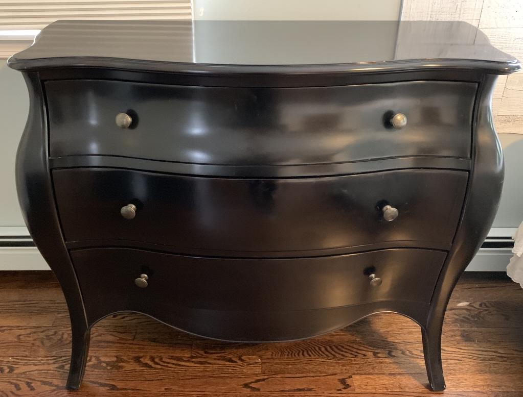 Crate & Barrel Black Lacquer Boulle Style Chest: Crate & Barrel Black Lacquer Boulle Style Chest. With three drawers. Contemporary style boulle form chest / dresser / bureau. 34 inches x 40 inches x 16 inches.
