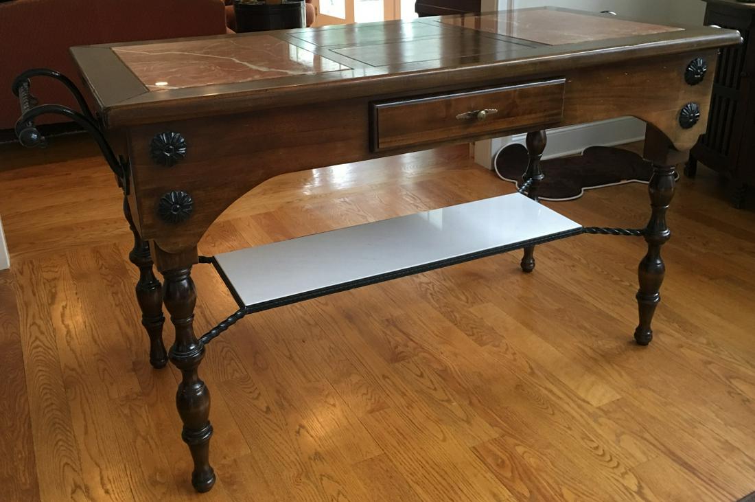 Francesco Molon Cecilio Server / Kitchen Island: Francesco Molon Cecilio Server / Kitchen Island. With two inset marble panels at top, one pull-out drawer, ebonized wood carved rosette details; twisted iron handles, and on four turned legs with inse