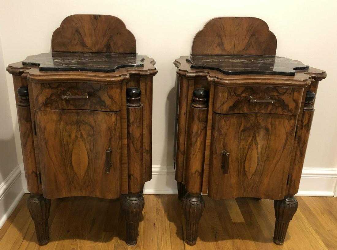 Antique Art Deco Burled Wood Inlaid Marble Tables: Pair Antique Art Deco Burled Wood Inlaid Marble Night Stands/ Side Tables. Inlaid marble top burled, flamed and book matched wood night stands with hand carved column sides. Drawer and cabinet. 34 inc
