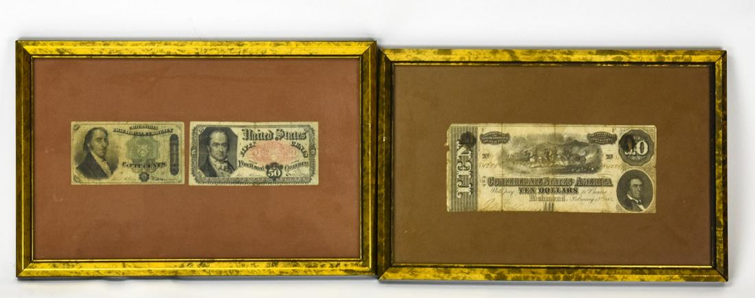 Confederate Ten Dollar Bill & Antique US Currency: Confederate Ten Dollar Bill & Antique US Currency. This lot includes a framed Confederate ten dollar bill, and two framed US Fractional Currency fifty cent bills. Each frame measures 8 inches x 12 inc