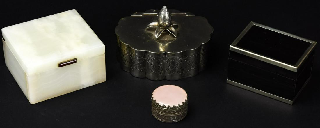 Sterling, Alabaster, Lacquer, Decorative Boxes: Sterling, Alabaster, Lacquer, Decorative Boxes. Decorative boxes of a variety of materials including sterling silver, silver plate, alabaster, and lacquered wood. Alabaster box is 3.5 inches x 3.25 in