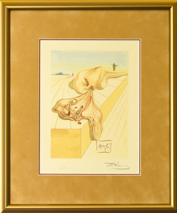 Salvador Dali Signed Wood Engraving Inferno 30: Salvador Dali Signed Wood Engraving Inferno 30. Wood engraving in color on Rives paper, one of one hundered illustrations of Dante's "Divine Comedy", after a watercolor. Hand signed by Salvador Dali.