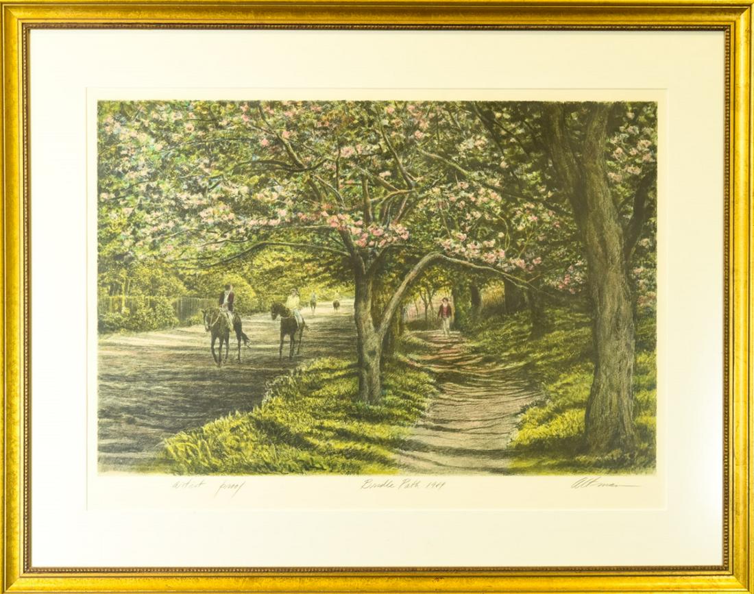 Harold Altman "Bridle Path" Signed Lithograph: Harold Altman "Bridle Path" Signed Lithograph. Lithograph / artist proof done in 1989 titled "Bridle Path" by Harold Altman. Professionally matted and framed. Frame measures 27 inches x 34 inches.
