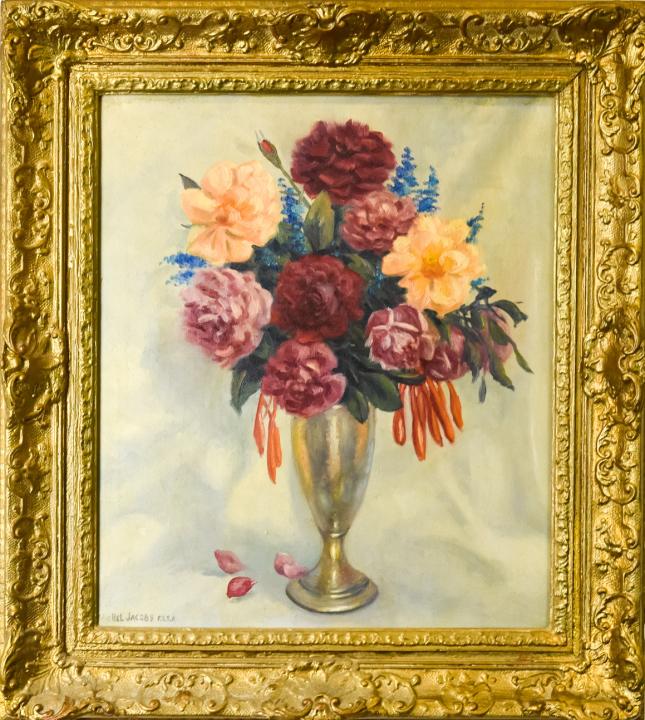 Michel Jacobs Oil Painting Floral Still Life Scene: Michel Jacobs Oil Painting Floral Still Life Scene. Oil on canvas painting depicting a floral still life scene by artist Michel Jacobs (1877-1958), signed in the lower left. In an ornate gilt frame. F