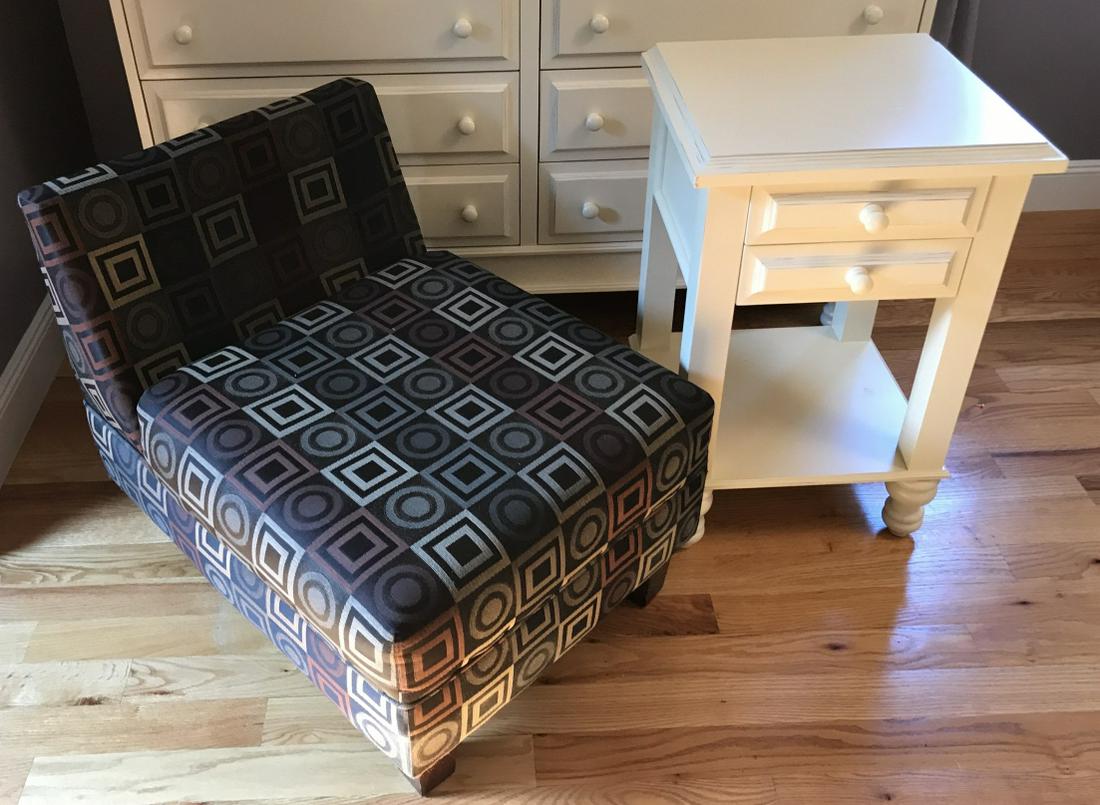 Modern Slipper Chair & White Tone End Table: Modern Slipper Chair & White Tone End Table or Night Stand.