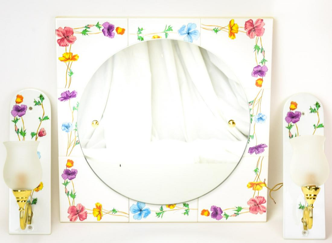 Limoges France Porcelain Tile Sconces + Mirror: Limoges France Porcelain Tile Sconces + Mirror. In the Anemone Pattern Sconces are mounted on a hand painted back tile and the mirror is made of assembled square tiles with a round piece of mirrored g