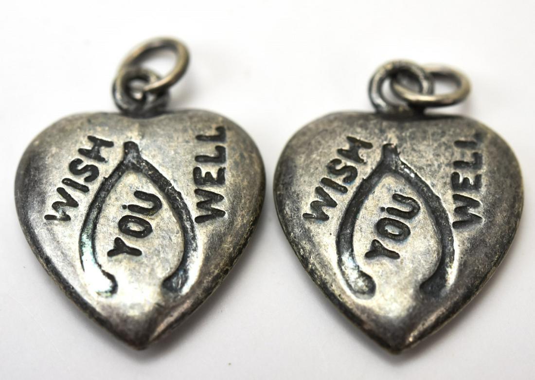 Two Vintage "Wish You Well" Sterling Heart Charms: Two Vintage "Wish You Well" Sterling Heart Charms / Pendants. Each measures 7/8ths of an inch in length with bail.