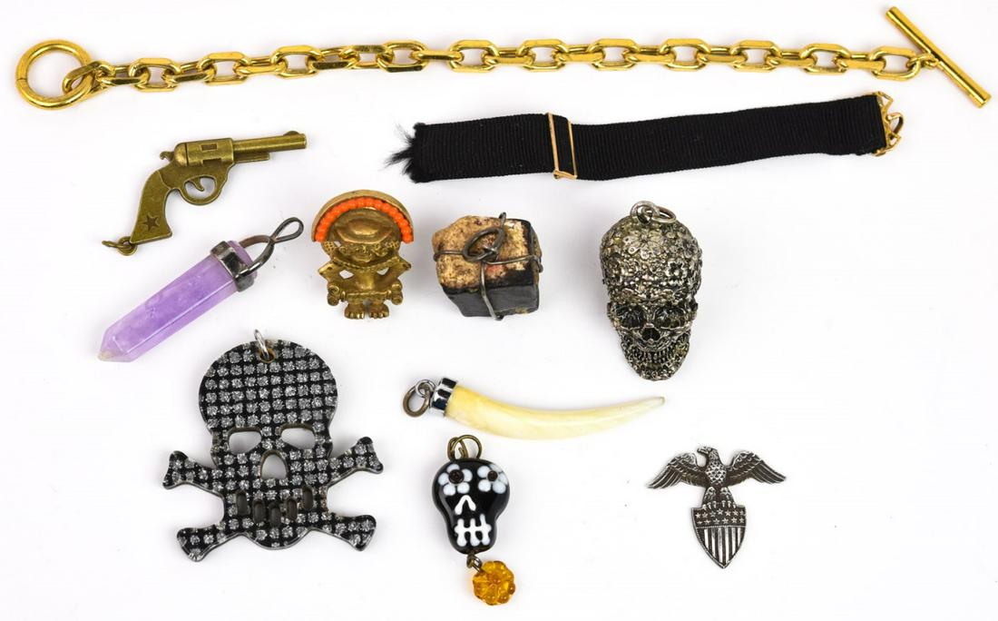 Group Antique & Vintage Costume Jewelry: Group Antique & Vintage Costume Jewelry. Including skulls, watch chain, watch ribbon, gun charm, sterling and crystal pendant, etc.
