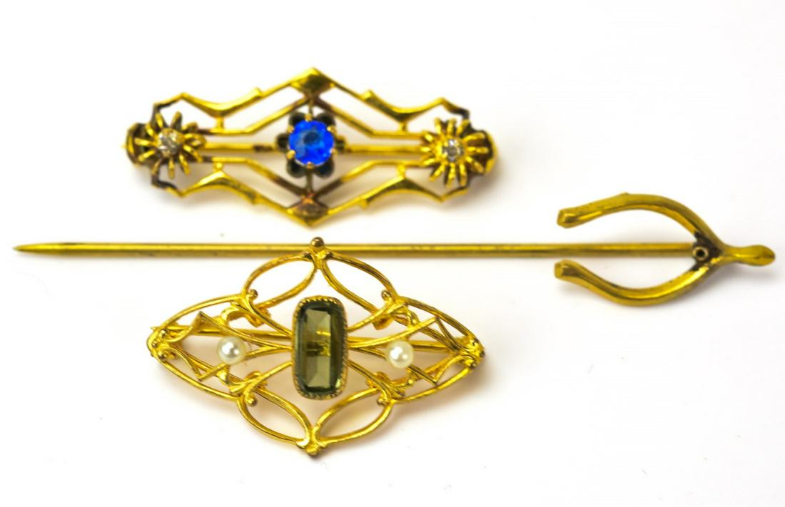 Antique Gold Fill Wishbone & Two Edwardian Pins: Antique Gold Fill Wishbone & Two Edwardian Pins. Stick pin measures 2.75 inches in length.