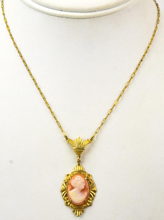 Antique Edwardian Gold Filled Shell Cameo Necklace: Antique Edwardian Gold Filled Shell Cameo Necklace. Measures 14.5 inches in length.