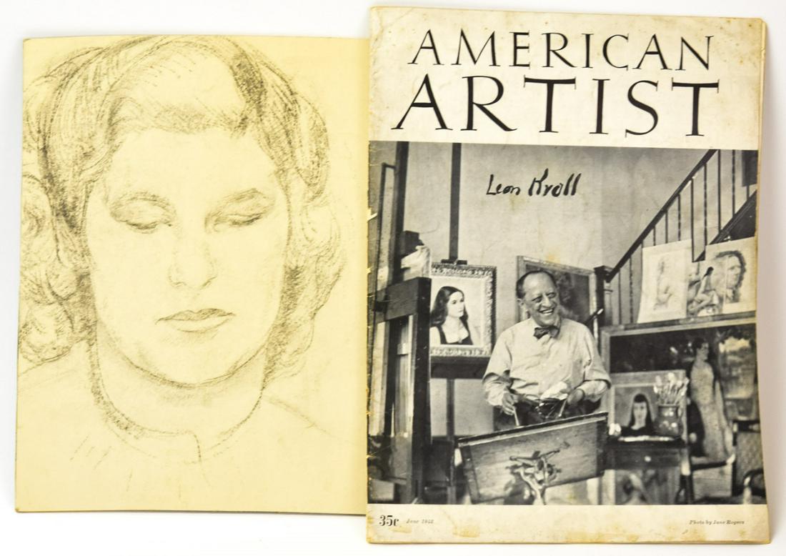 Leon Kroll Archival Collection W Original Drawing: Leon Kroll Archival Collection W Original Drawing. Leon Kroll American Artist magazine dated June 1942 with an original drawing by the artist of a woman featured in a painting in the magazine. Drawing