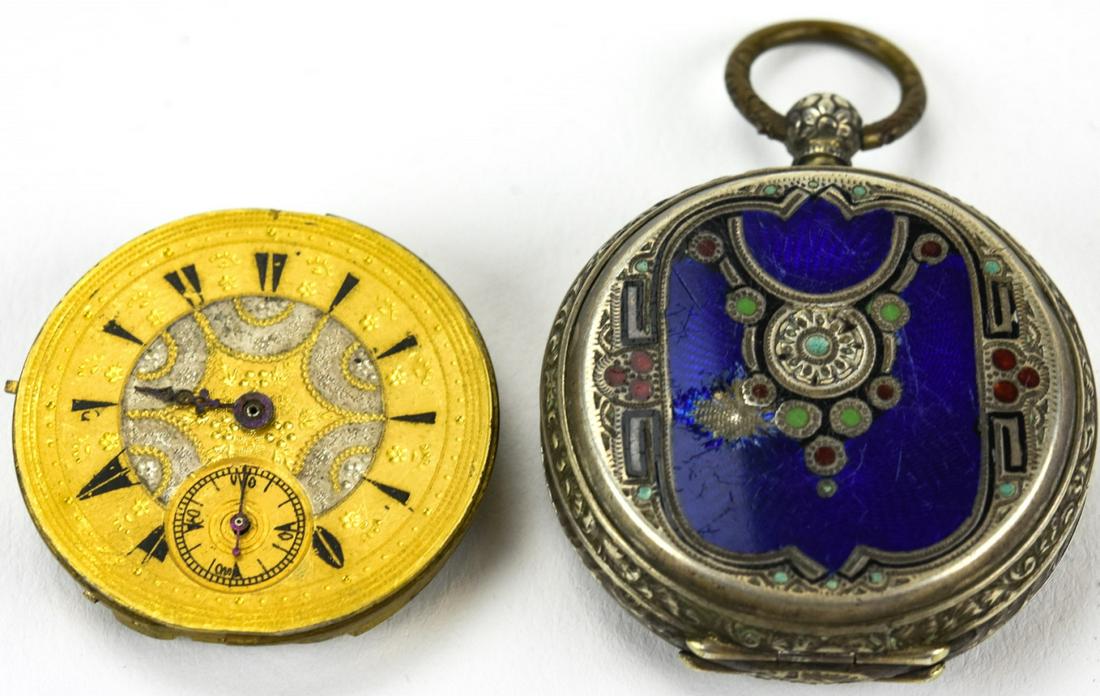 Antique Lebet Fils Buttes Switzerland Pocket Watch: Antique Lebet Fils Buttes Switzerland Pocket Watch. Antique sterling silver pocket with case with English hallmarks and enamel decoration. Marked Lebet Buttes. Needs repair. Measures 2 inches in lengt