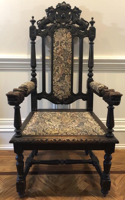 Tudor Carved Tapestry Upholstered Throne Chair (1 of 7)