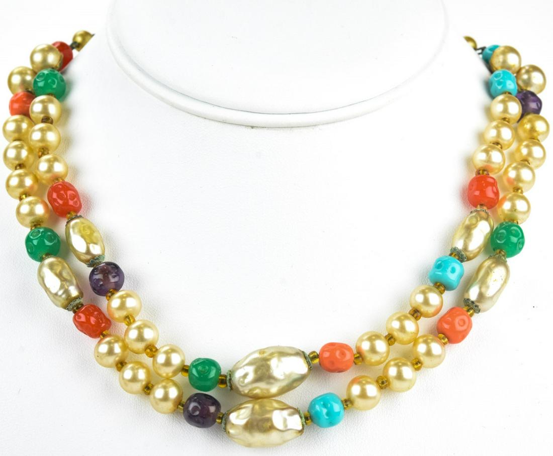 Vintage Miriam Haskell Faux Baroque Pearl Necklace: Vintage Miriam Haskell Faux Baroque Pearl Necklace. Labeled at clasp. Faux pearls, faux stones including turquoise, coral and amethyst. Measures 16.5 inches in length.