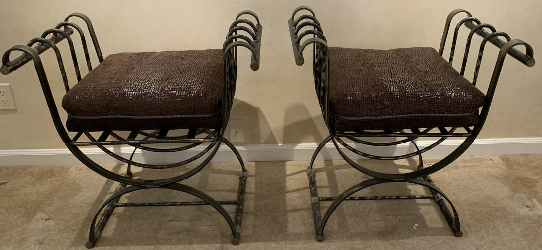 Pair Curule Base Wrought Metal Stools (1 of 6)