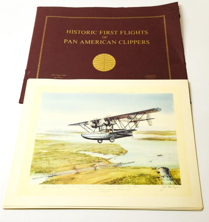 John McCoy Historic 1st Flights Pan Am Clippers: John McCoy Historic 1st Flights Pan Am Clippers. Lithographs plates of 10 historic first flights of Pan American Clippers. Each is pencil signed with the artist name, John. T. McCoy and also pencil si
