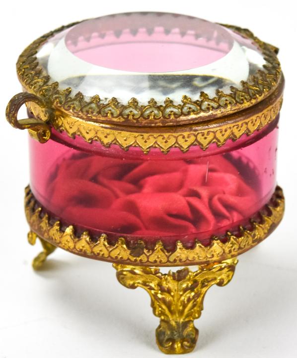 Antique Palais Royale Ormolu & Glass Jewelry Box: Antique Palais Royale Ormolu & Glass Jewelry Box. French. 2 inches x 2 inches.