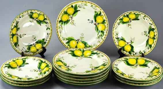 Aido Fumanti Italian Porcelain Plates Lemons: Aido Fumanti Italian Porcelain Plates Lemons. Hand painted terra cotta porcelain soup bowls and lunch plates in a brightly painted lemon, lemon leaf and trim pattern. 8 bowls and 6 plates.