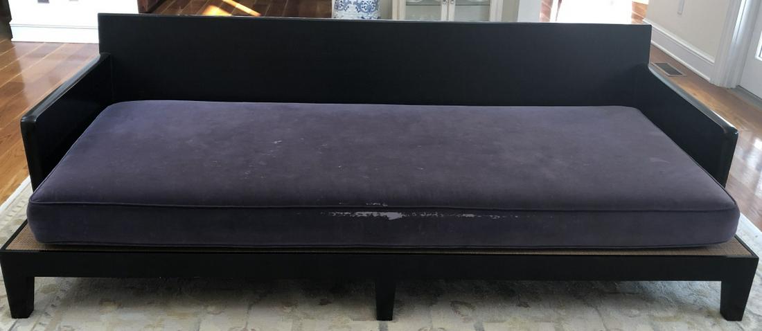 Holly Hunt Furniture Christian Liaigre Day Bed: Holly Hunt Furniture Christian Liaigre Day Bed. Mahogany frame with caned accent panel. Velvet covered cushion. 29 inches x 93 inches x 42 inches