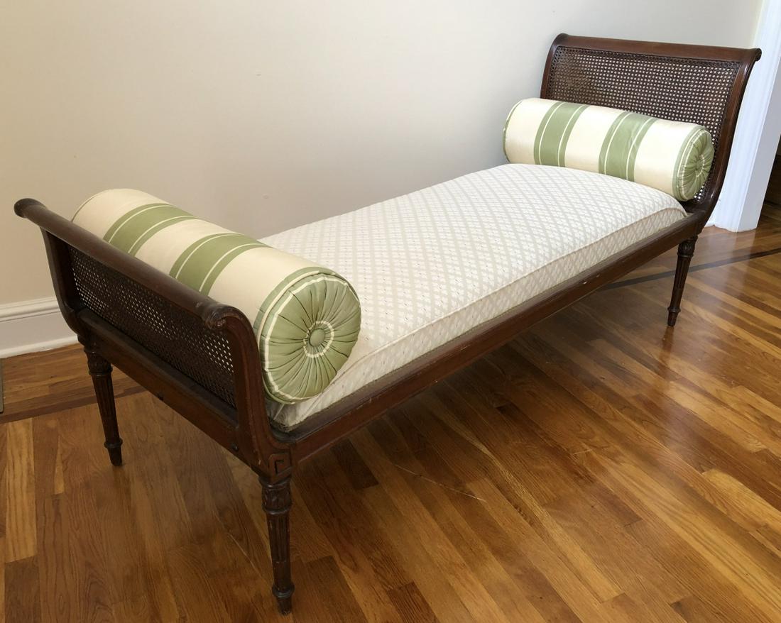 Neo Classical Caned Mahogany Chaise Lounge: Neo Classical Caned Mahogany Chaise Lounge. Custom Upholstered. 33 inches x 74 inches x 26 inches