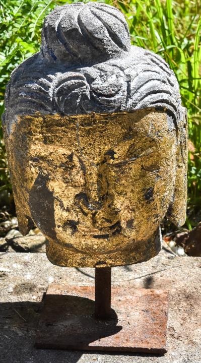 Cast Stone Garden Buddha Head on Cast Iron Stand (1 of 7)