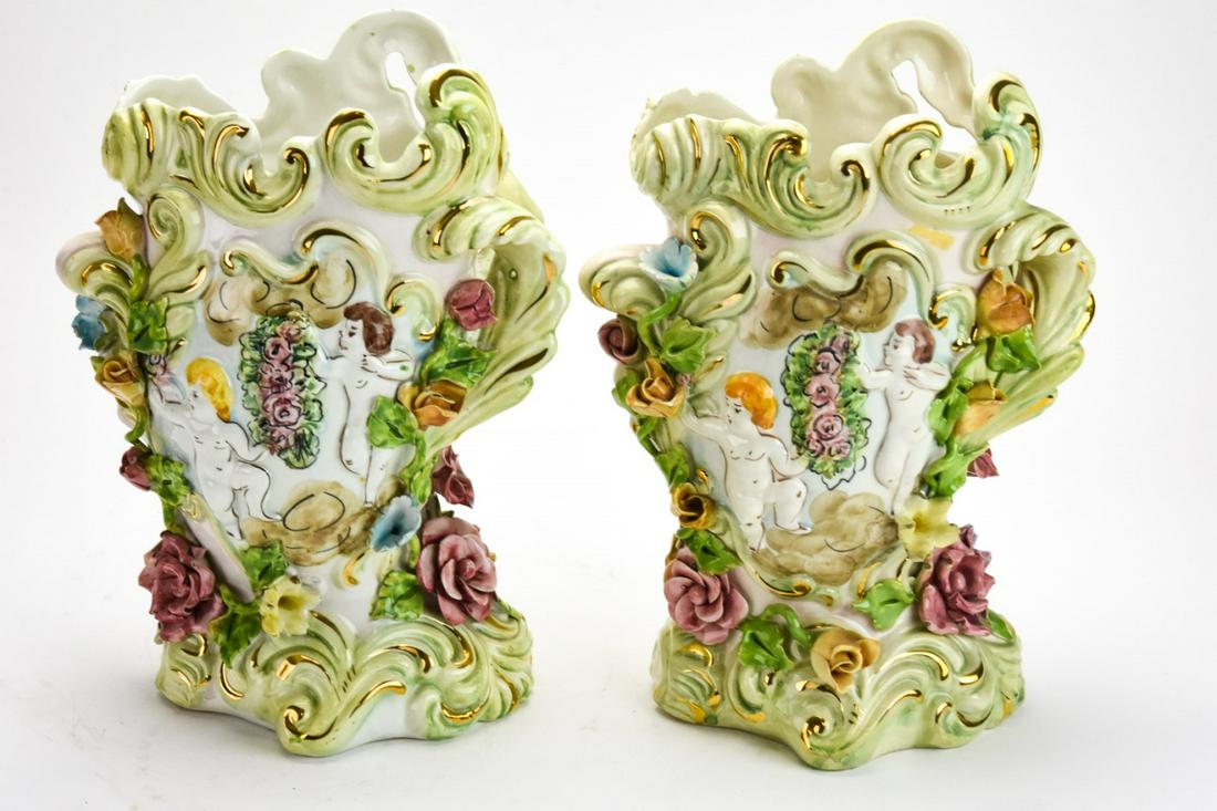 For Auction Pair Italian Porcelain Vases W Putti Flowers 329