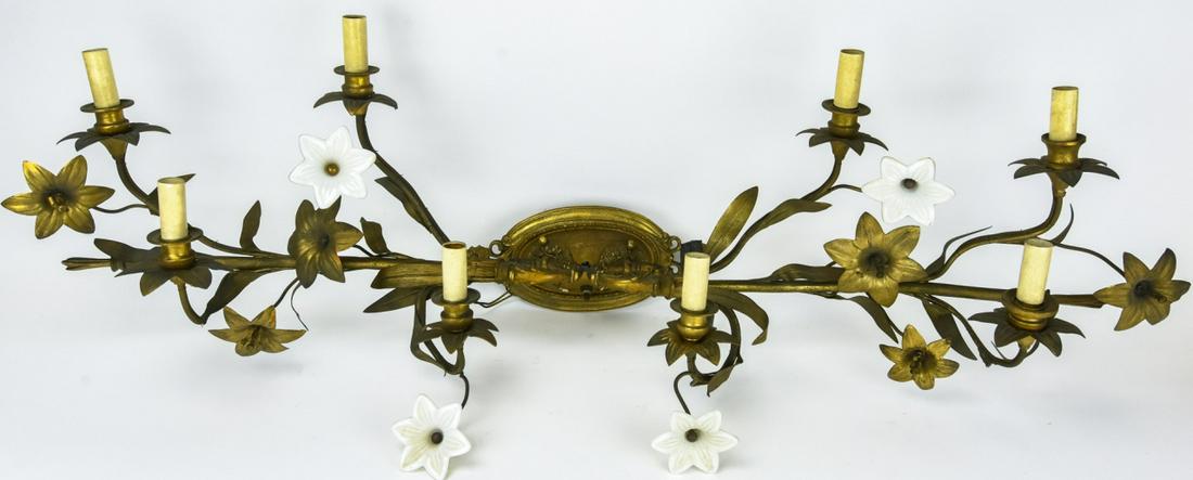 Antique Ormolu Art Glass Floral Motif Wall Sconce: Antique Ormolu & Art Glass Floral Motif Wall Sconce. Measures 38 inches in width.
