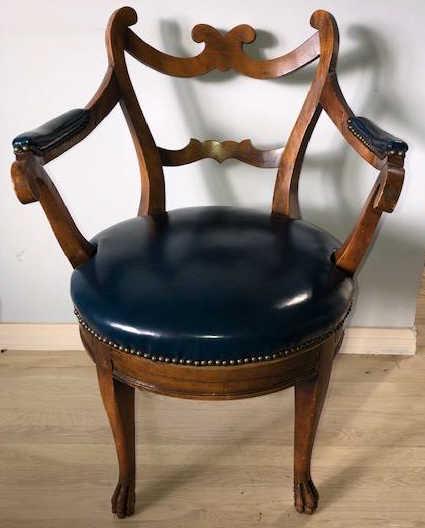 Antique Carved French Leather Swivel Arm Chair (1 of 3)