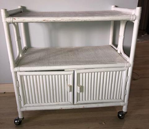 Vintage White Bamboo Caned Rolling Cart / Console (1 of 3)