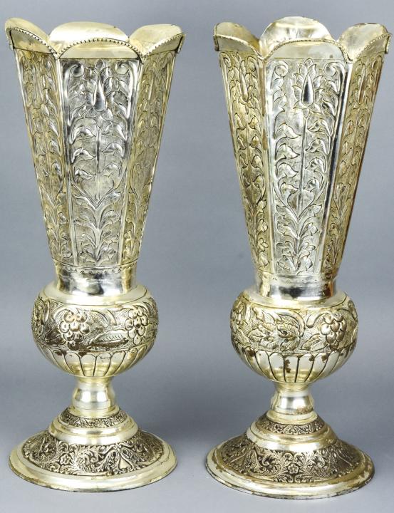 Pair Silver Tone Repousse Tall Vases (1 of 10)
